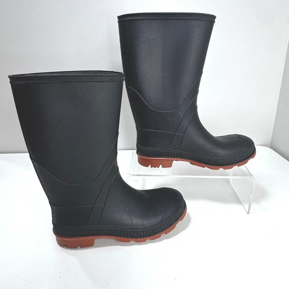 Boys Black Rubber Rain Boots Red Lug Sole Waterproof Pull On Size 1